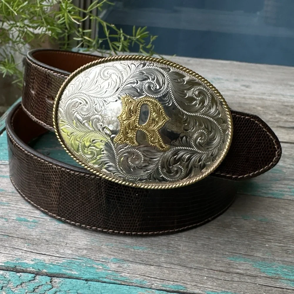 VTG Kenny Rogers Lizard Leather Belt Men‎ 33-37 Inch Montana Silversmiths Buckle